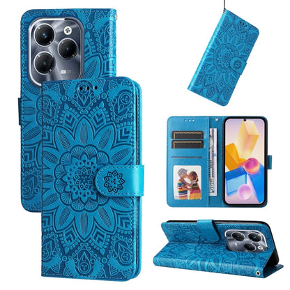 Blue embossed sunflower leather folio phone case with card slots and magnetic flap