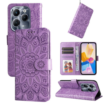 Purple embossed sunflower leather folio phone case with card slots and magnetic flap