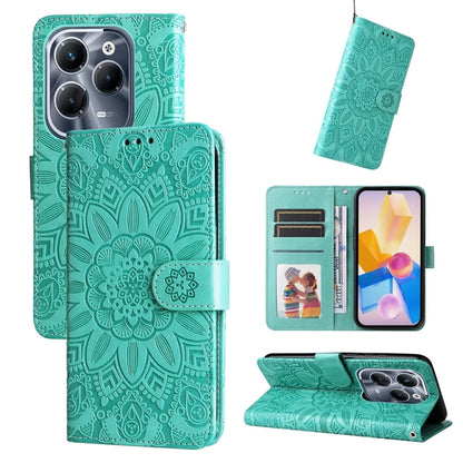 Teal embossed sunflower leather folio phone case with centered sunflower design and flap
