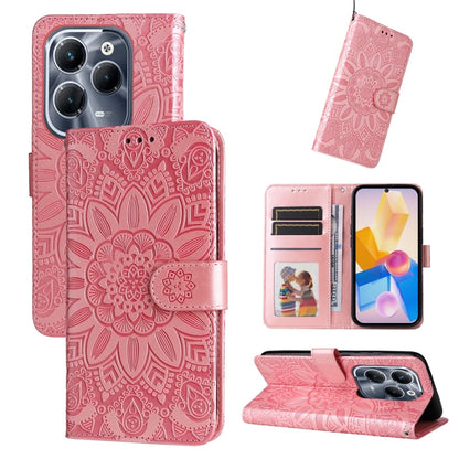 Pink embossed sunflower leather folio phone case with centered sunflower design and flap
