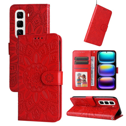 Embossed sunflower leather phone case, bold red flip wallet with card slots and stand
