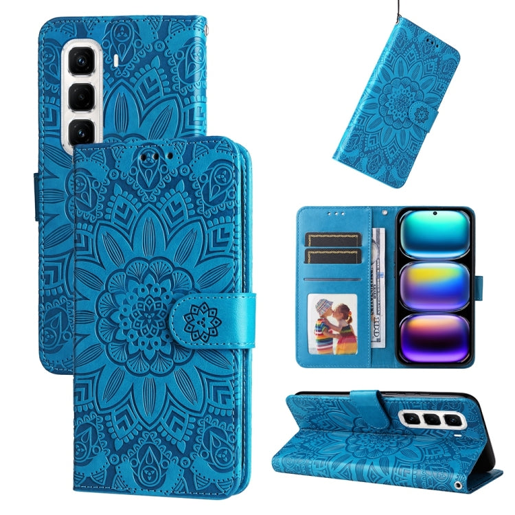 Embossed sunflower leather phone case, blue flip wallet with card slots and stand