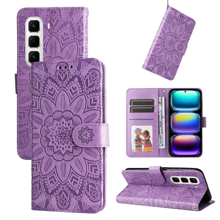 Embossed sunflower leather phone case, lavender purple flip wallet with card slots and stand