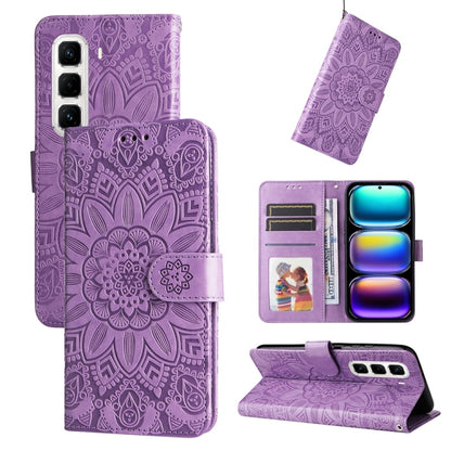 Embossed sunflower leather phone case, lavender purple flip wallet with card slots and stand
