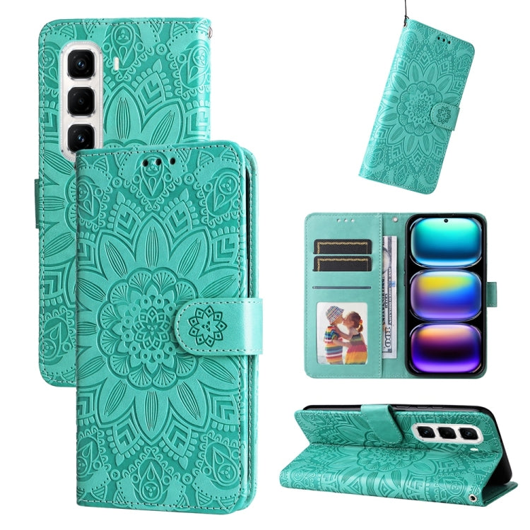 Sunflower embossed leather phone case with flip wallet, teal blue, card slots