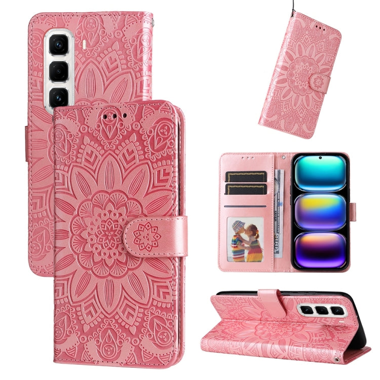 Sunflower embossed leather phone case with flip wallet, pink, card slots