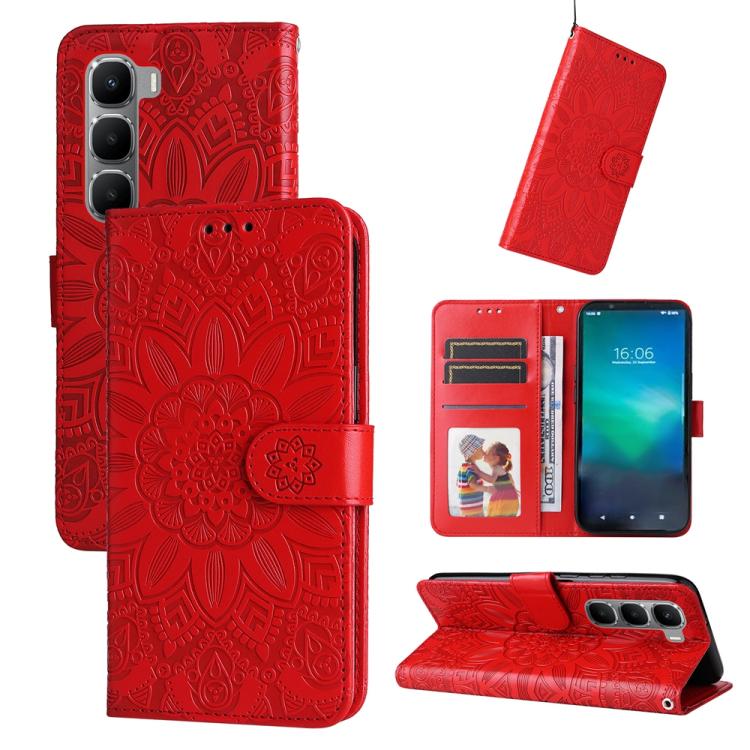 Embossed sunflower leather wallet phone case with flip cover, card slots, red