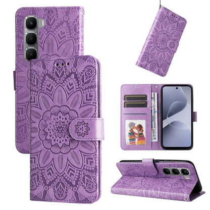 Embossed sunflower leather wallet phone case with flip cover, card slots, purple