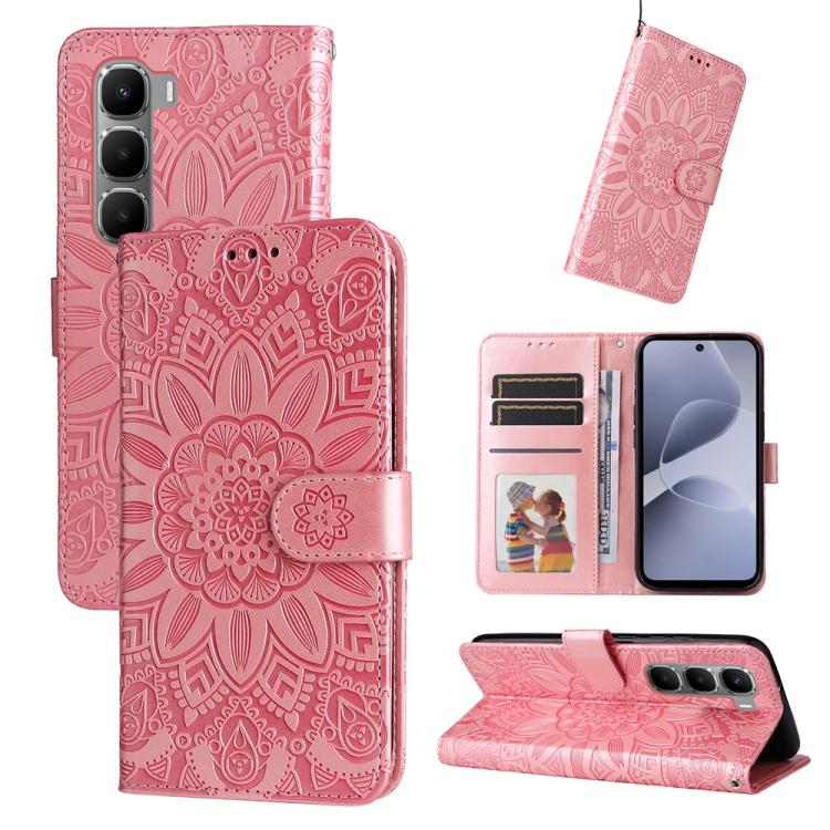 Embossed sunflower leather wallet phone case with flip cover, card slots, pink, buckle