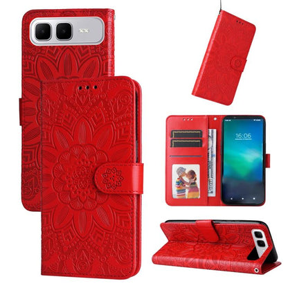 Red embossed sunflower leather wallet phone case with card holder and magnetic strap