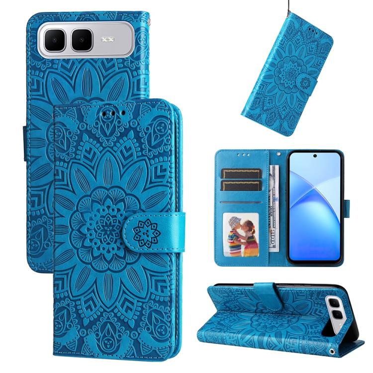 Blue embossed sunflower leather wallet phone case with magnetic strap and card slots