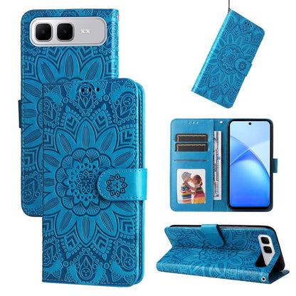 Blue embossed sunflower leather wallet phone case with magnetic strap and card slots