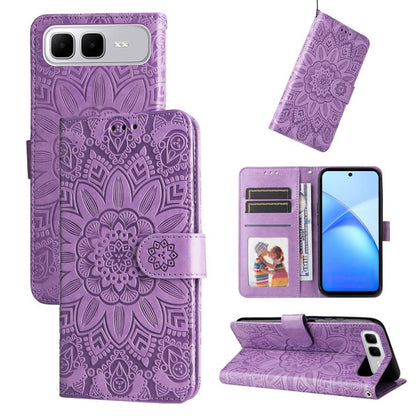Purple embossed sunflower leather folio phone case with magnetic strap and card slots