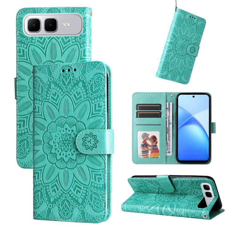 Embossed sunflower leather phone case, green flip wallet with card slots and stand