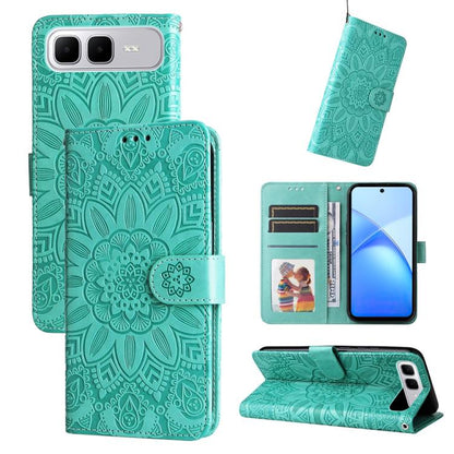 Embossed sunflower leather phone case, green flip wallet with card slots and stand