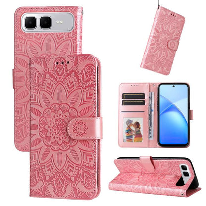 Embossed sunflower leather phone case, pink flip wallet with card slots and stand