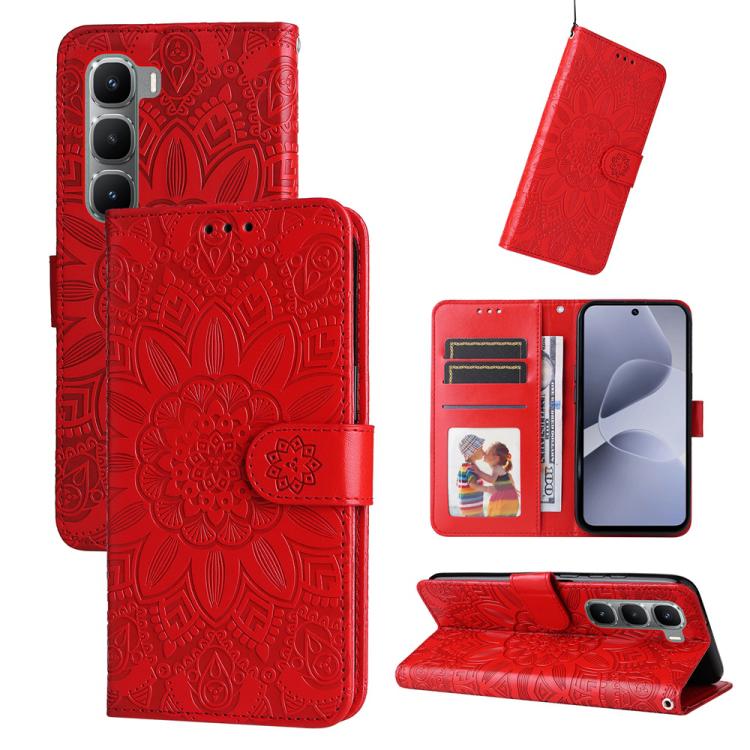 Red embossed sunflower leather wallet phone case with magnetic strap, card slots, stand