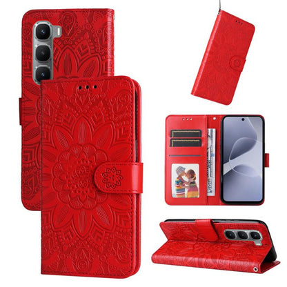 Red embossed sunflower leather wallet phone case with magnetic strap, card slots, stand