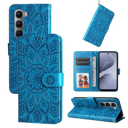 Blue embossed sunflower leather wallet phone case with magnetic strap, card slots, stand