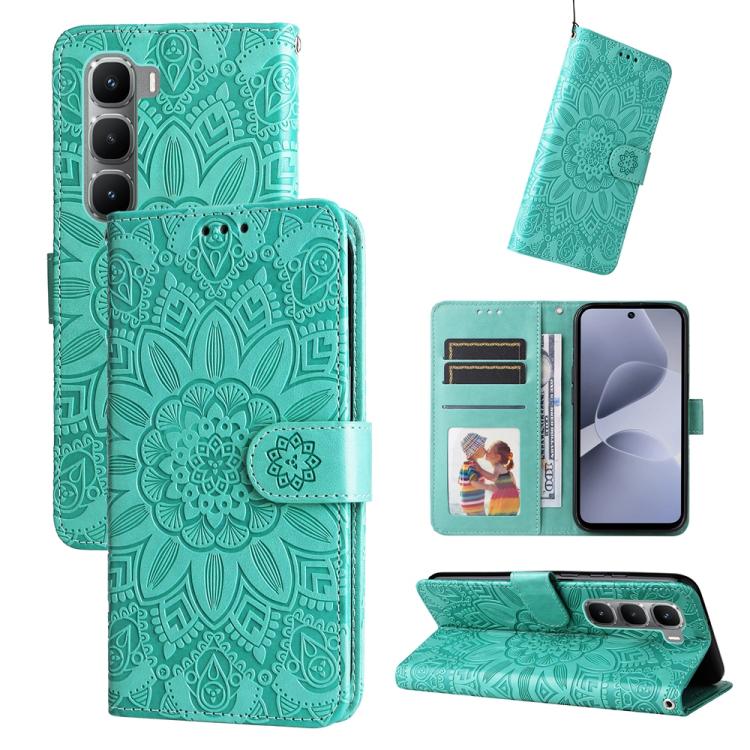 Teal embossed sunflower leather folio phone case with magnetic strap and card slots