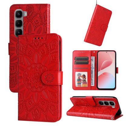 Embossed sunflower leather wallet phone case with flip cover, card slots, red, buckle