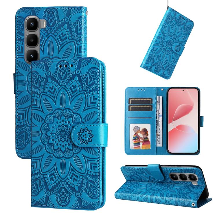 Embossed sunflower leather wallet phone case with flip cover, card slots, blue, buckle