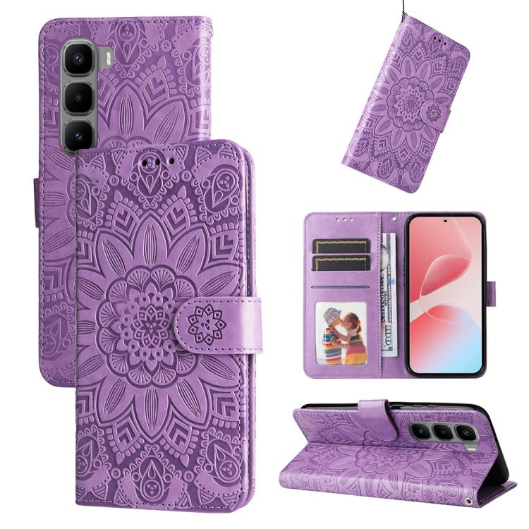 Embossed sunflower leather wallet phone case with flip cover, card slots, purple, buckle