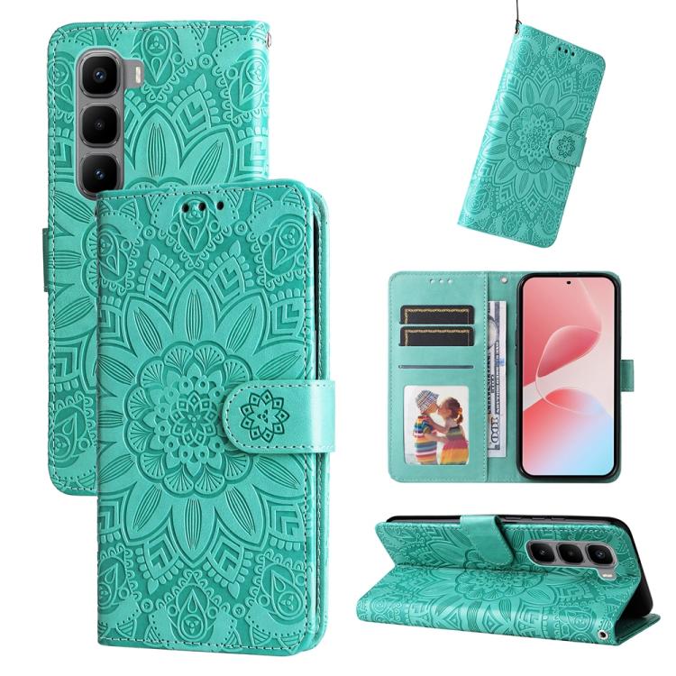 Teal embossed sunflower leather wallet phone case with magnetic strap, card slots, stand