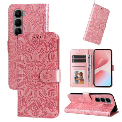Pink embossed sunflower leather wallet phone case with magnetic strap, card slots, stand