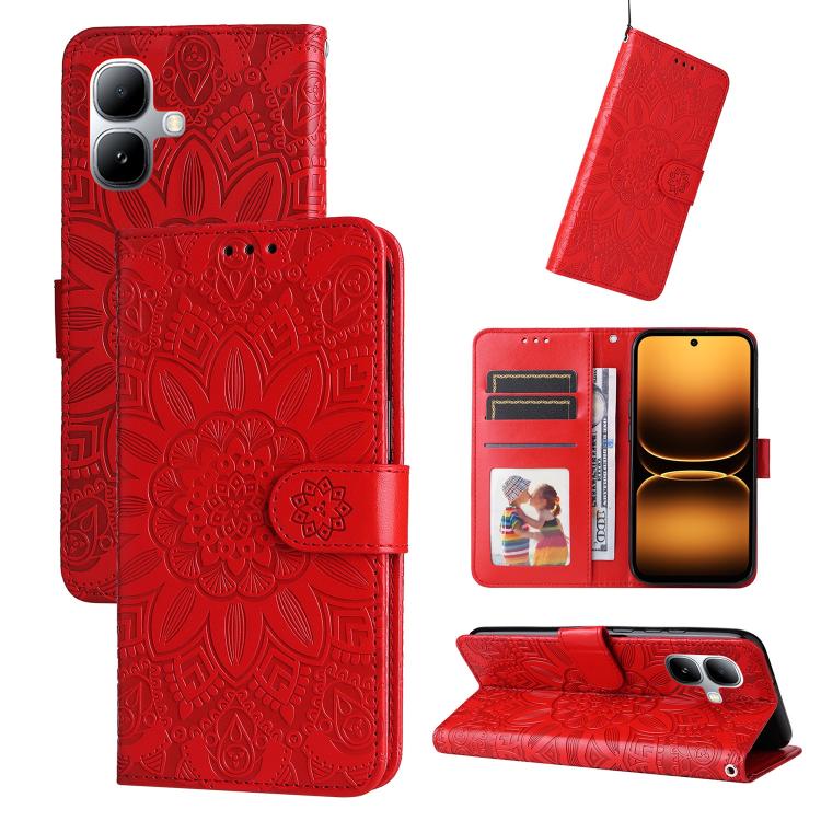 Red embossed sunflower leather wallet phone case with magnetic folio flap