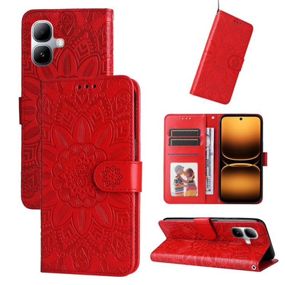Red embossed sunflower leather wallet phone case with magnetic folio flap