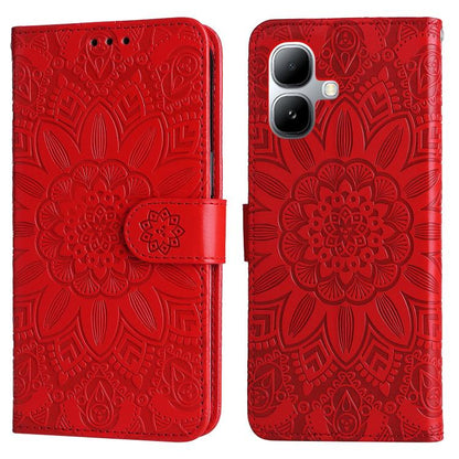 Red embossed sunflower leather wallet phone case with front magnetic strap