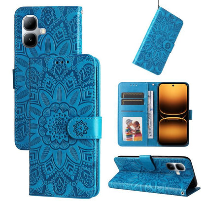 Blue embossed sunflower leather wallet phone case with magnetic folio flap