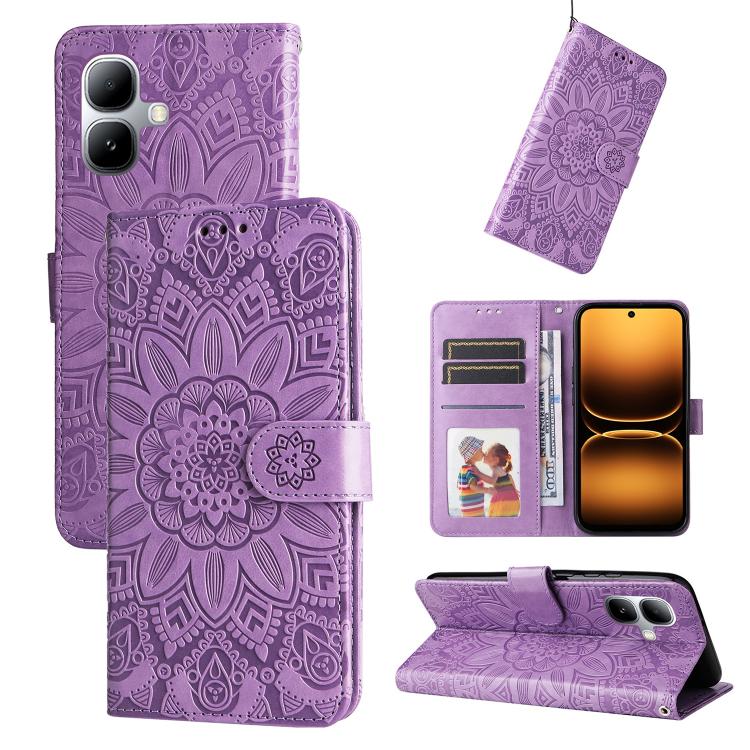 Purple embossed sunflower leather wallet phone case with magnetic folio flap