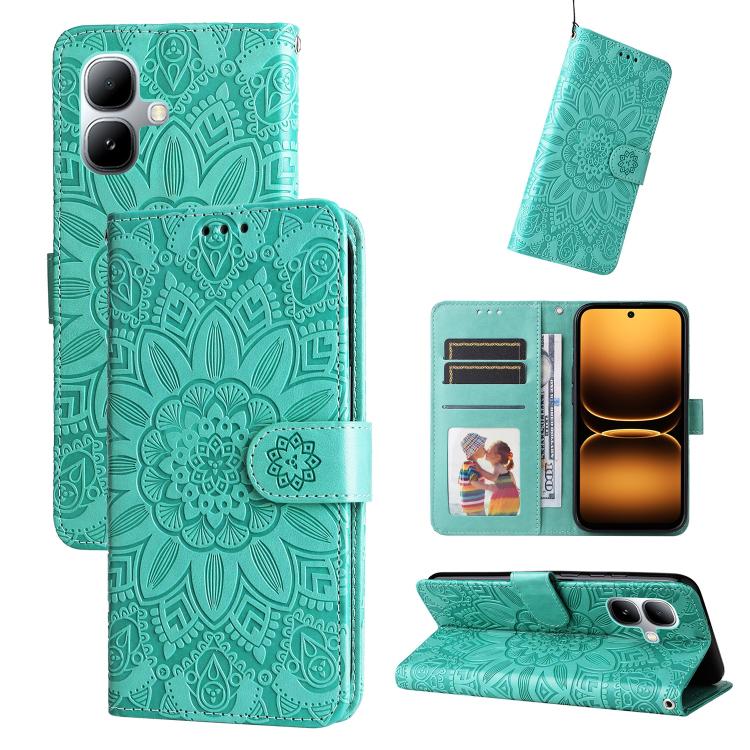 Embossed sunflower leather wallet phone case with flip cover, card slots, teal