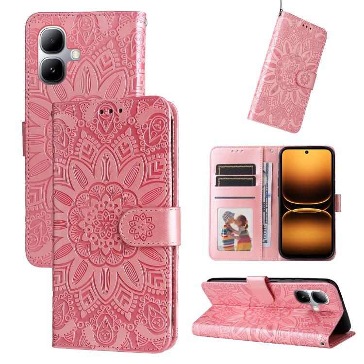 Embossed sunflower leather wallet phone case with flip cover, card slots, pink
