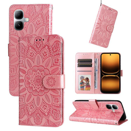 Embossed sunflower leather wallet phone case with flip cover, card slots, pink