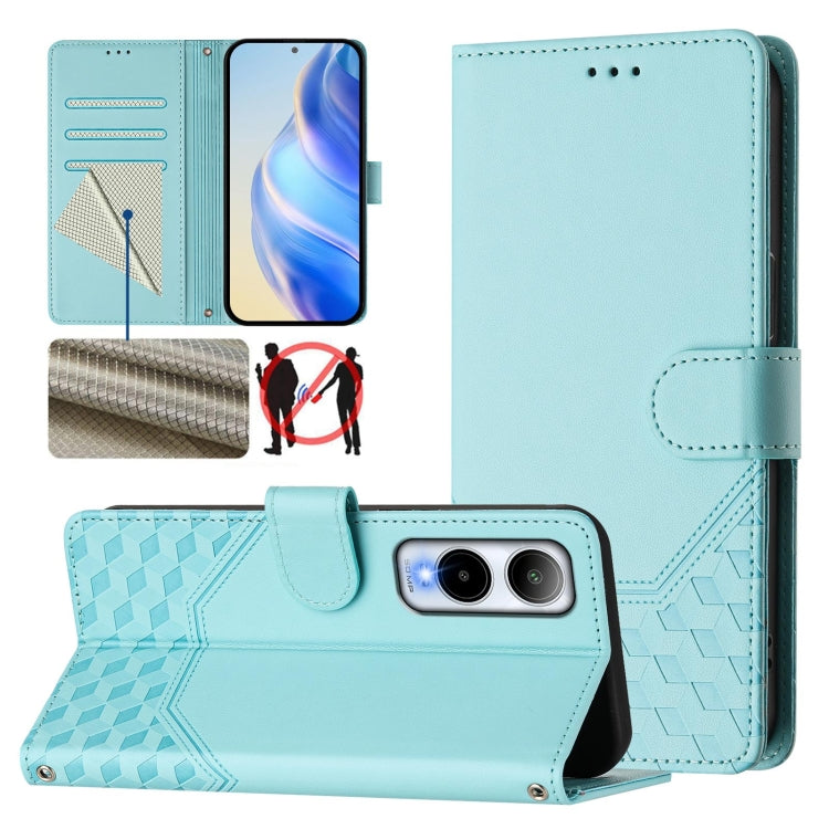 Light aqua leather folio phone case with honeycomb texture and RFID card slots
