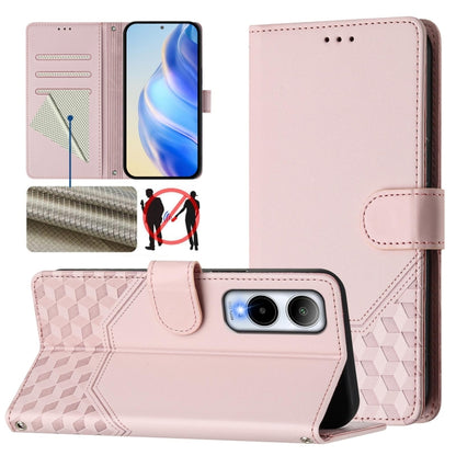 Pink leather folio phone case with honeycomb texture and RFID card slots