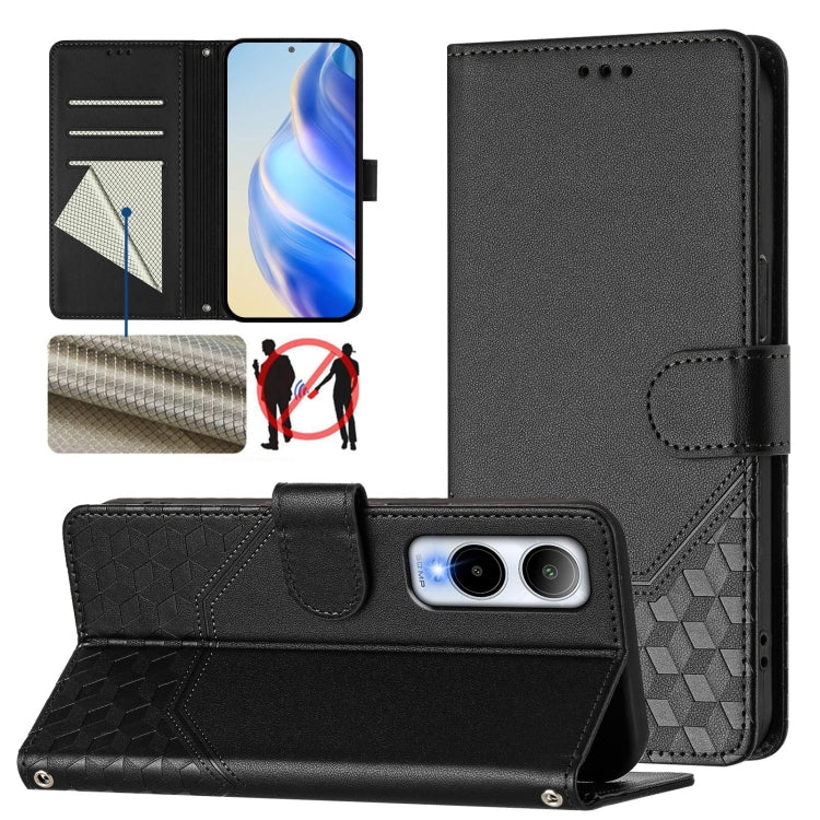 Black leather folio phone case with honeycomb texture and RFID card slots