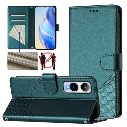 Teal green leather folio phone case with honeycomb texture and RFID card slots