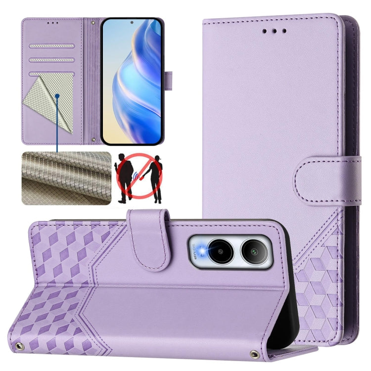 Lilac leather folio phone case with honeycomb texture and RFID card slots