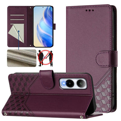 Plum leather folio phone case with honeycomb texture and RFID card slots