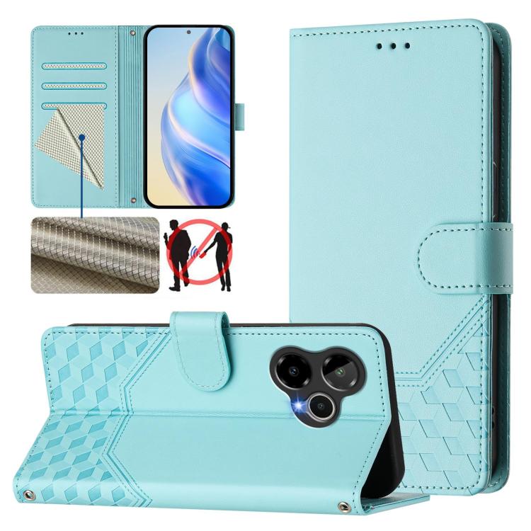 Mint green leather phone case with honeycomb embossing and RFID blocking, flip cover