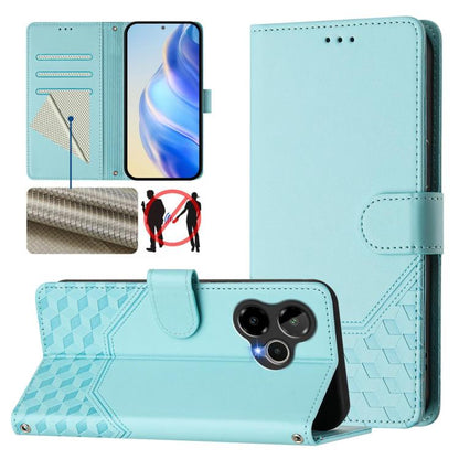 Mint green leather phone case with honeycomb embossing and RFID blocking, flip cover