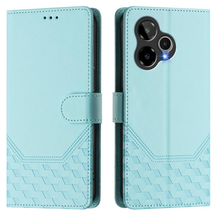 Mint green flip phone case with honeycomb pattern and card window, dual camera cutout