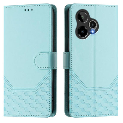 Mint green flip phone case with honeycomb pattern and card window, dual camera cutout