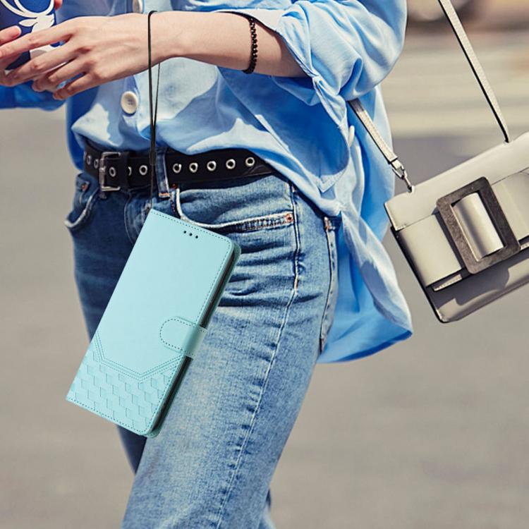 Mint green leather wallet phone case with wrist strap and honeycomb embossing