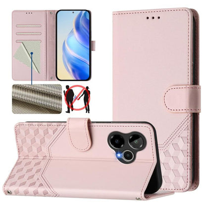 Pink leather phone case with honeycomb embossing and RFID protection, flip cover