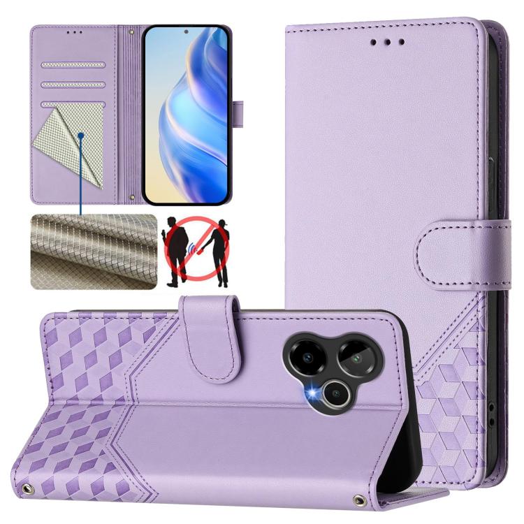 Lavender leather folio phone case with honeycomb texture and RFID card slots